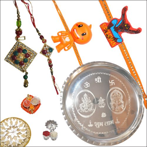 Silver Puja Thali with Sweets & 4 Rakhi Set 16